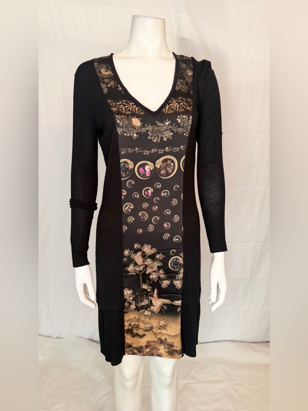 Cavalli Class Black Long Sleeve V-Neck Dress with Gold & Pink Accents
